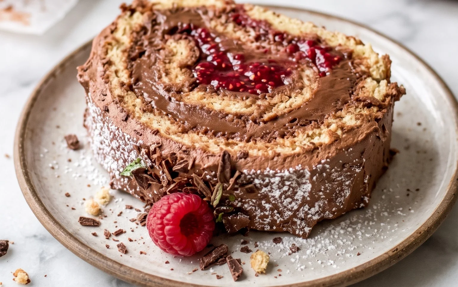 Bûche roulée
chocolat au lait et framboises